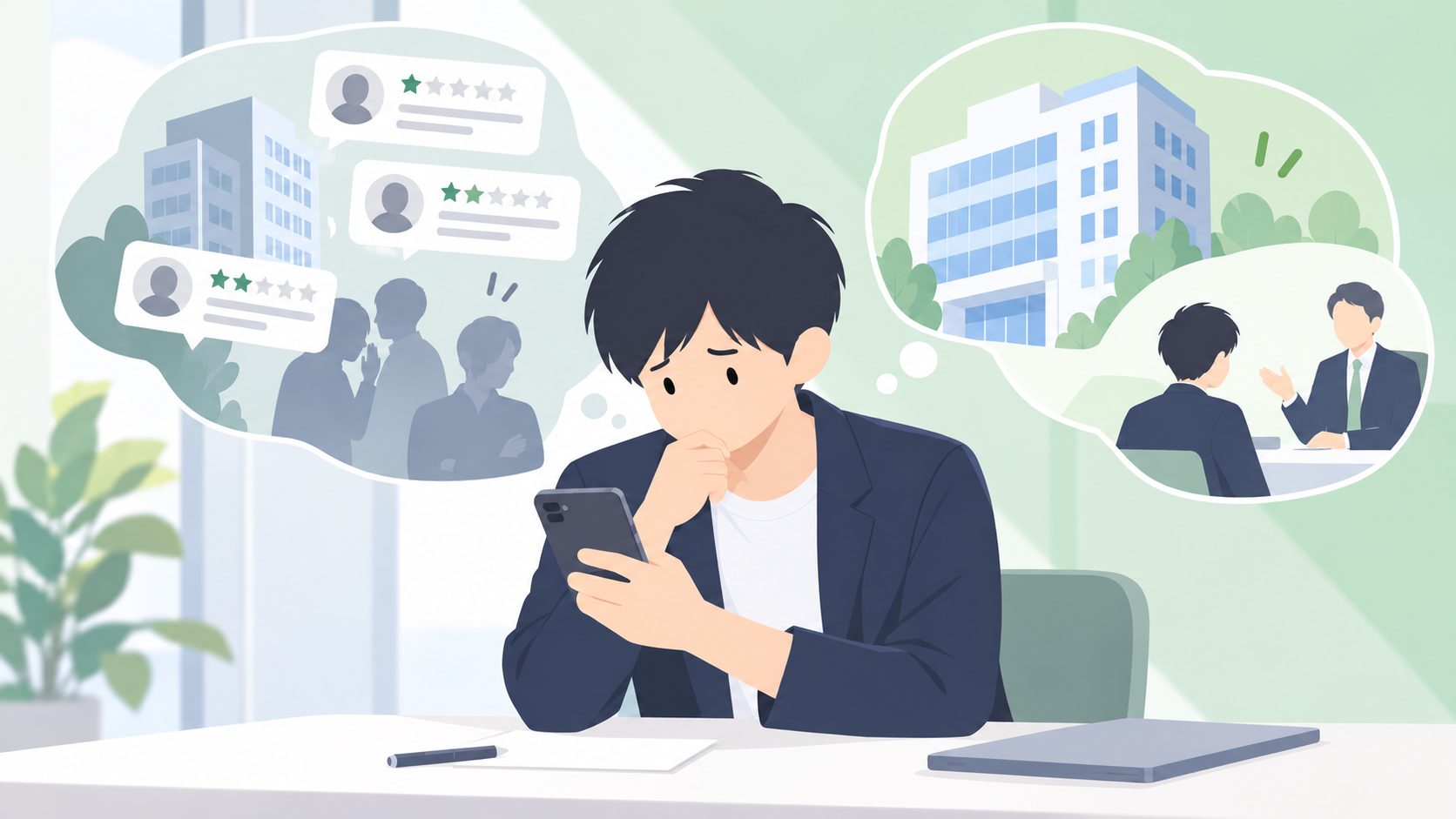 内定先の評判を口コミで確認して承諾・辞退を考えている人のイラスト