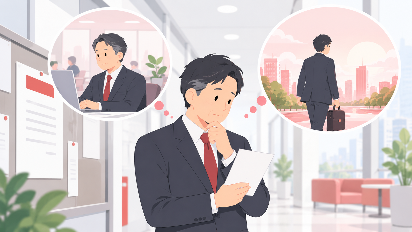 早期退職の募集が出て、応募する・残るを考えている人のイラスト