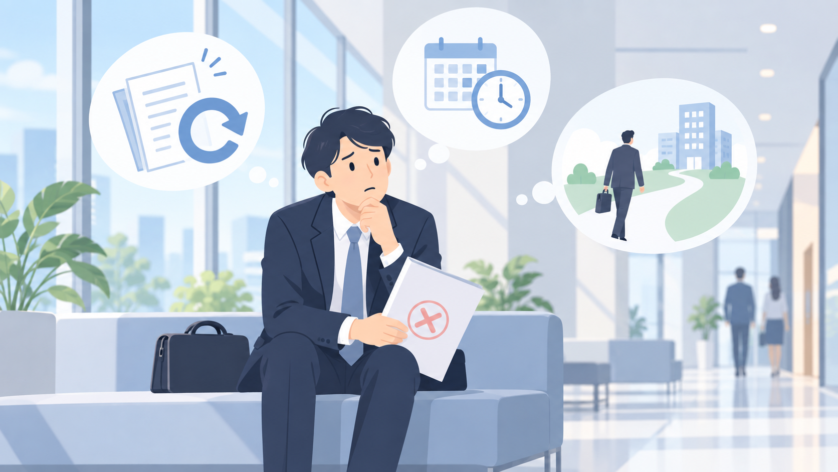 異動願いが通らないため、再申請・待つ・転職を検討する人のイラスト