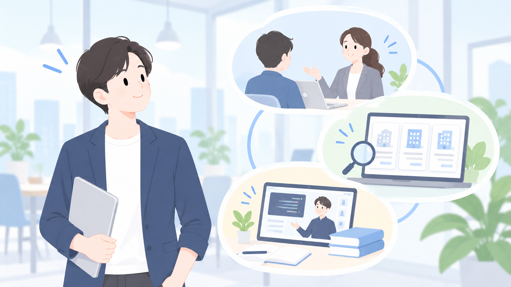 IT未経験で転職エージェントは使うべきかを悩む人のイラスト