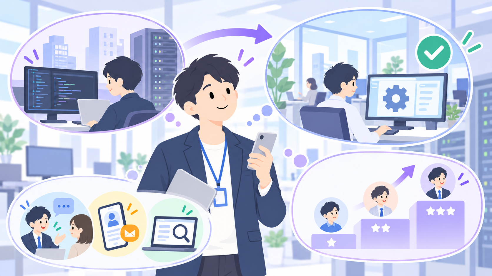SESから社内SEへ転職できるかを検討している人のイラスト