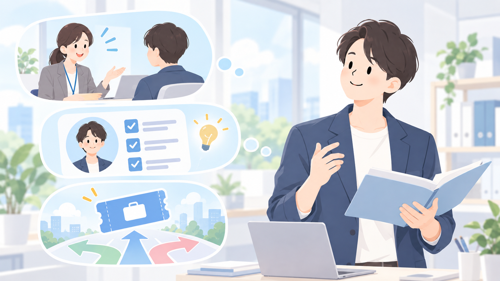 キャリキャリアチケット転職は自分に合うかを検討している人のイラスト