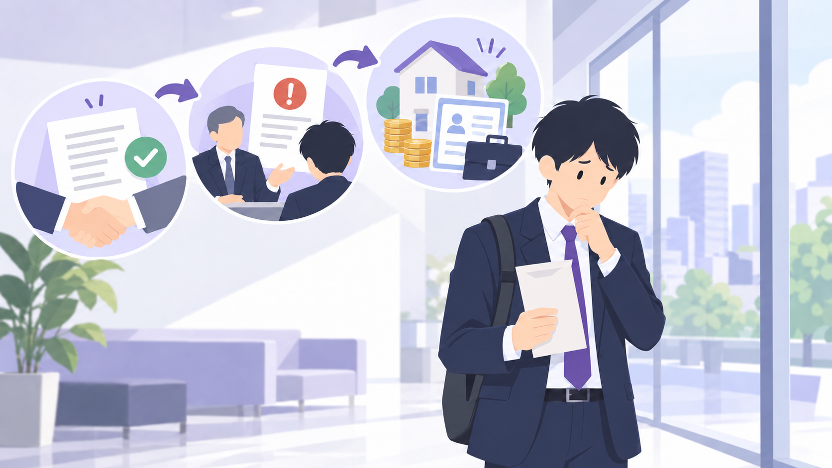 リストラされて、退職合意・解雇・生活再建を検討している人のイラスト