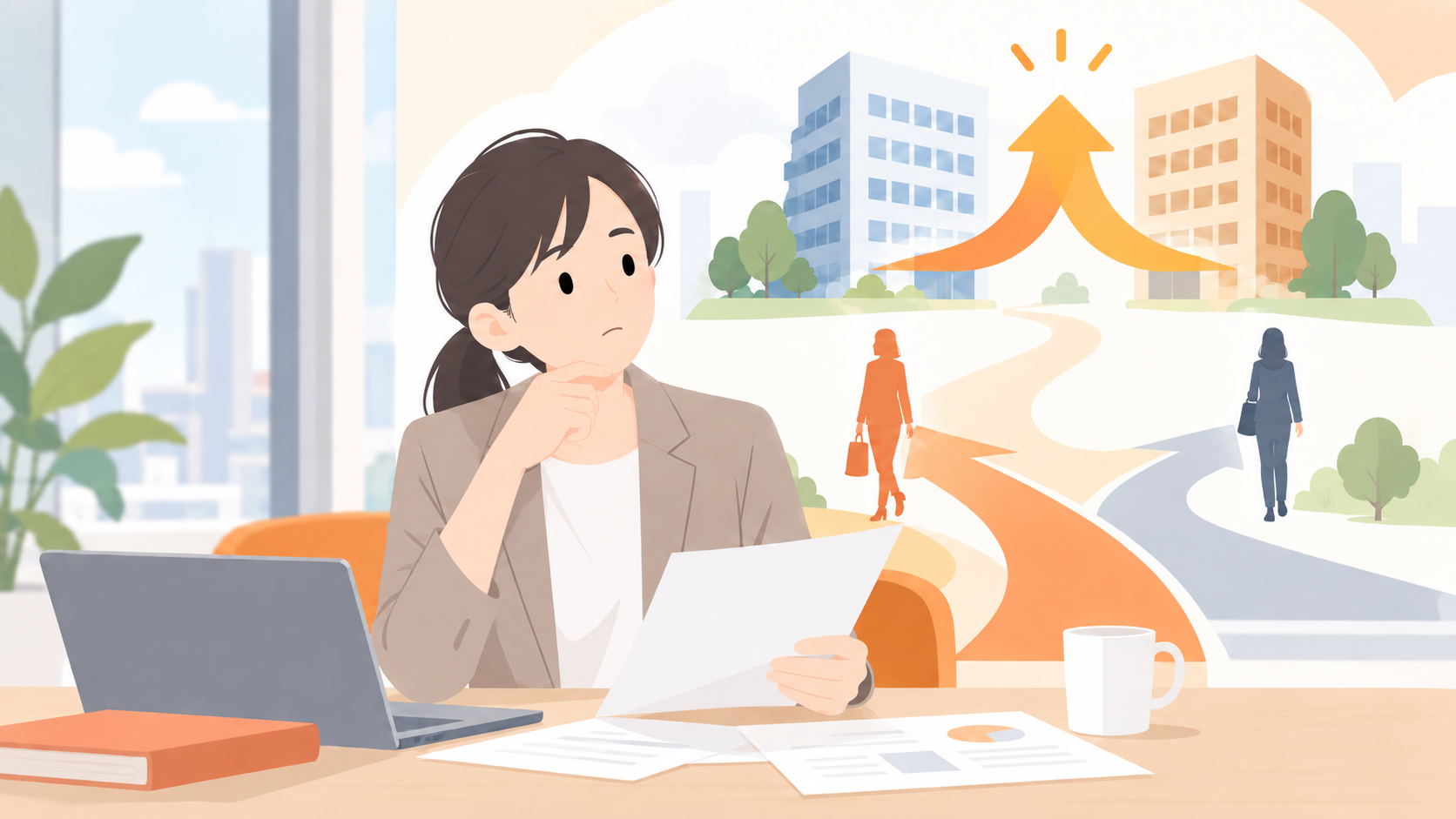 会社の合併で統合前に残る・転職を検討している人のイラスト