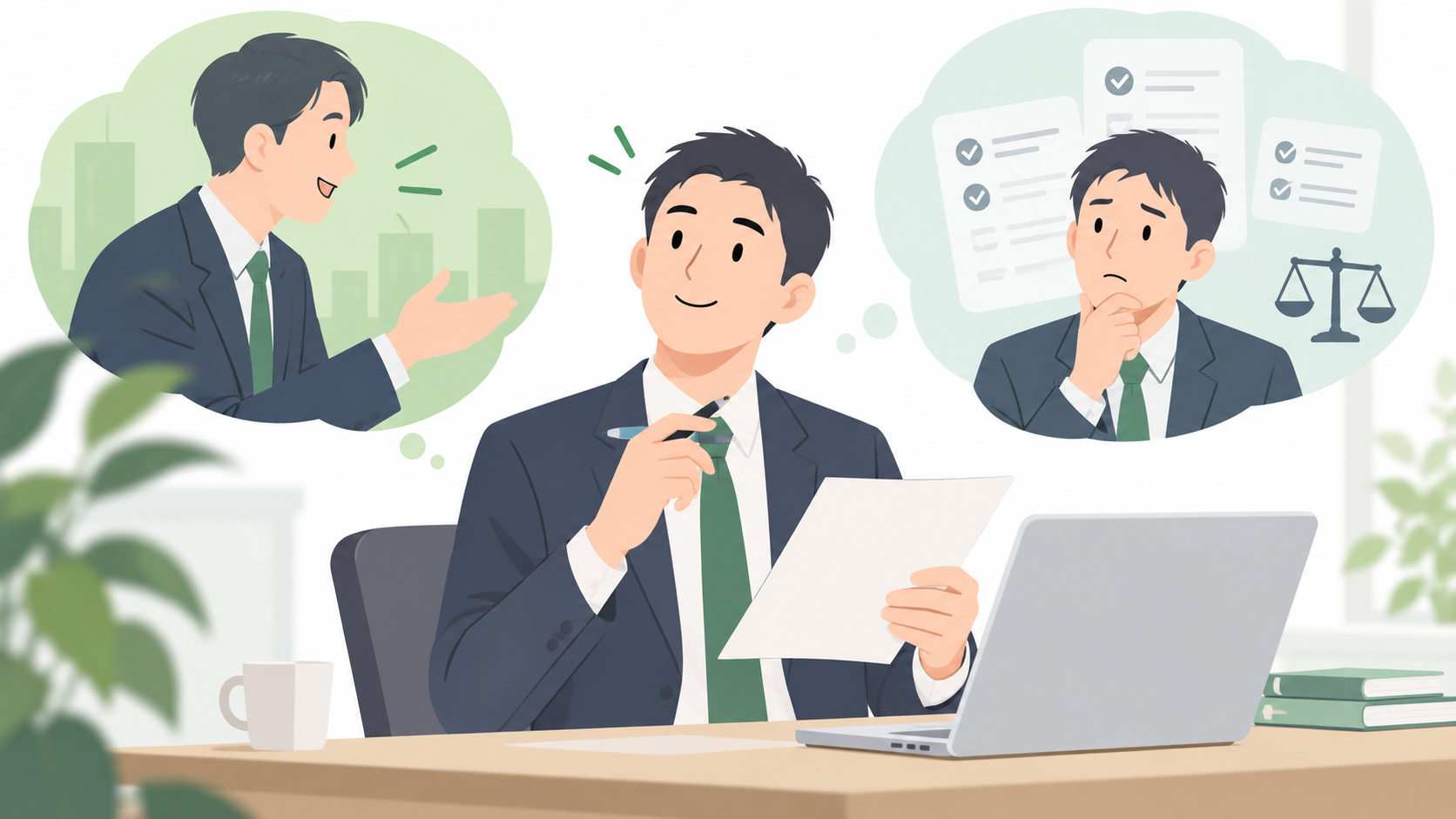 引き抜き転職を打診されて条件比較を行う人のイラスト