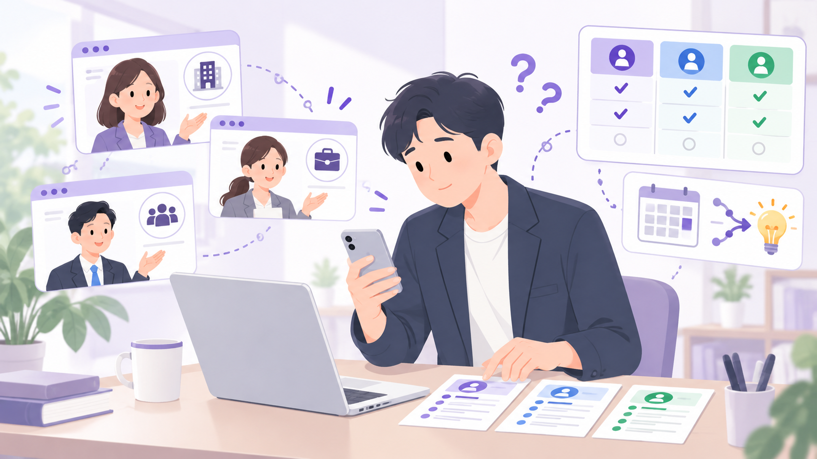 転職エージェントは複数登録すべきかと迷う人のイラスト