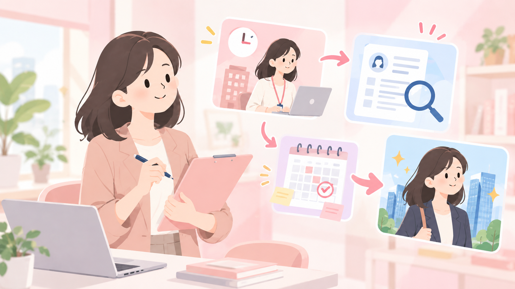 転職先が決まるまで派遣でつなぐのはありかを検討する人のイラスト